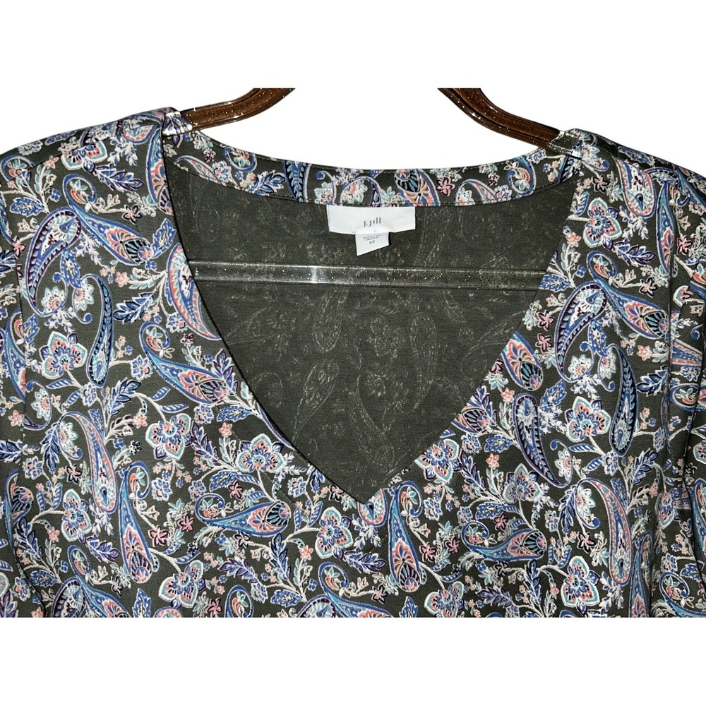 J. Jill Green Paisley V-Neck Long Sleeve Top Womens XS Floral Print Blouse - Picture 3 of 3